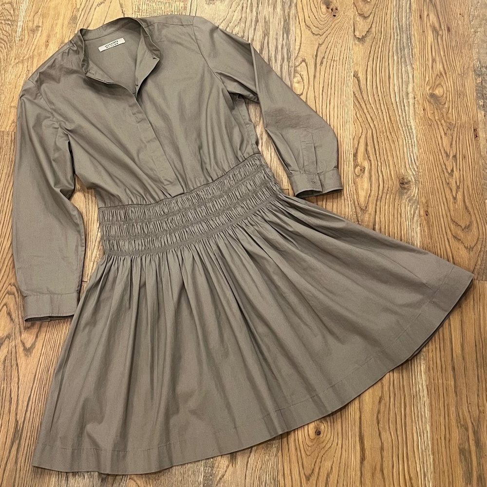 EUC [allsaints] Cotton Gray Taupe Grey Pleated & Smocked Mini Dress | 4 · Small